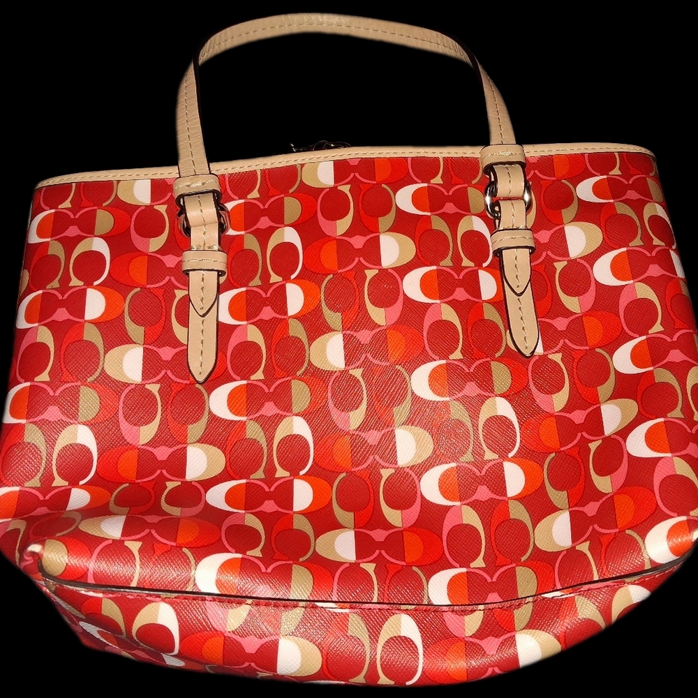 Coach Signature C Canvas Tote, Red, Tan, Pink Orange